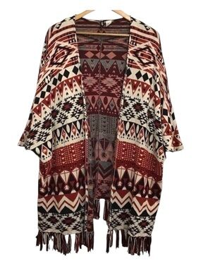 SOUTHWESTERN Ruana poncho Boho fringe 100% cotton cardigan shale one size shrug